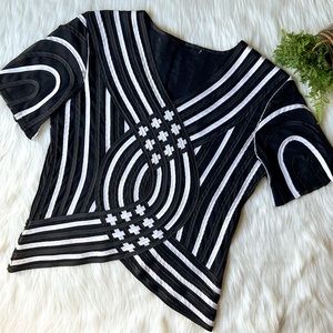 Shana K Black & White Stripe Criss Cross Mesh Top Blouse V Neck Sheer Shirt S